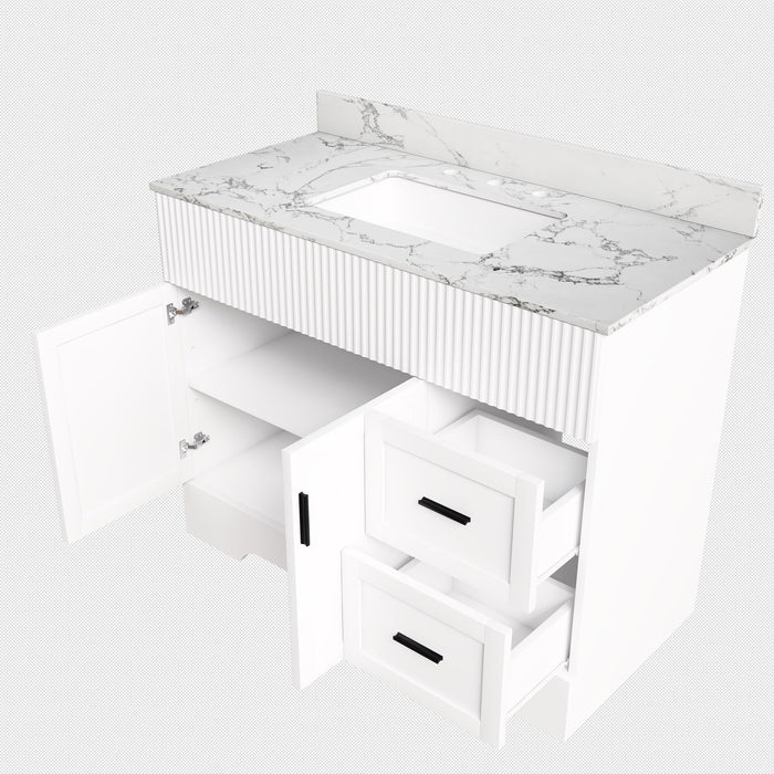 Bathroom Vanity Set, Fluted Cabinet, Soft Close Doors & Drawers, 3 Faucet Holes, Sink Included - White