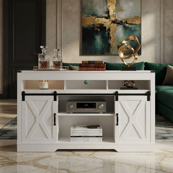 Farmhouse TV Stand With Sliding Barn Doors & Adjustable Storage