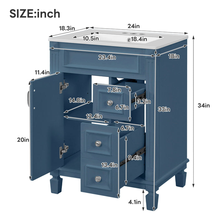 Bathroom Vanity With Ceramic Sink, Compact Cabinet With 2 Drawers And Adjustable Shelf - Blue