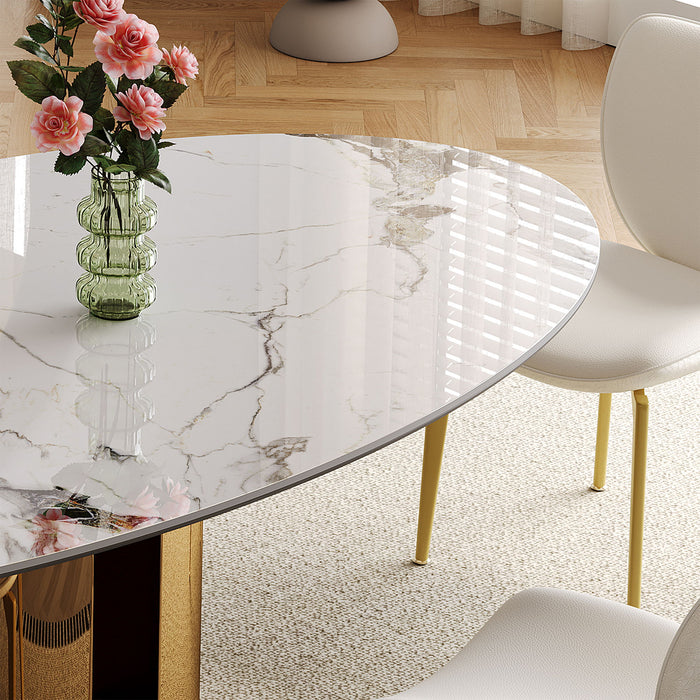 Oval Dining Table With Stainless Steel Base, Sturdy And Stable Design For Kitchen, Dining Room - Brown / White