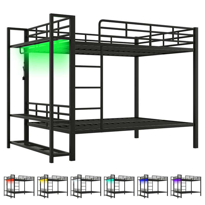 Bunk Bed With Storage Mesh Shelves, Clothes Hooks, LED Light
