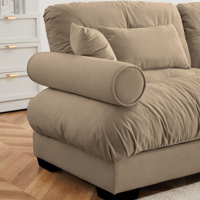 Modern Sectional Sofa With Ottoman, Round Bolster Armrests, Waist And Throw Pillows