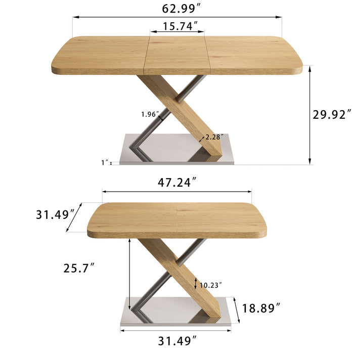 Retractable Square Dining Table, Seating 4 - 6 People, Cross Base With Stainless Steel Tubing, Expandable - Natural
