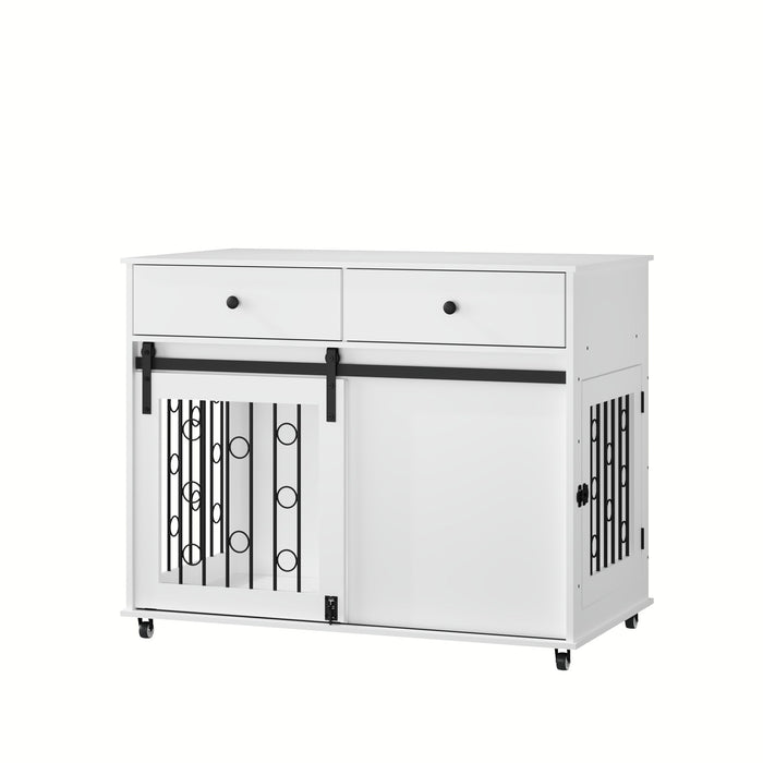 Dog Crate Furniture With Double Drawers And Sliding Barn Door, Pet Kennel For Small To Medium Dogs - White