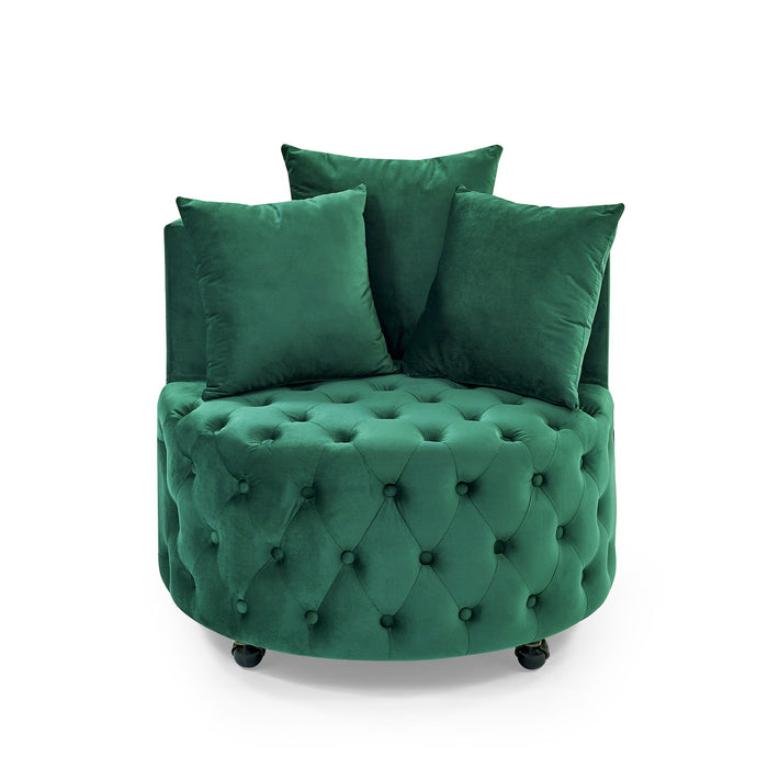 Modern Upholstered Swivel Chair With Button Tufted Design And Movable Wheels