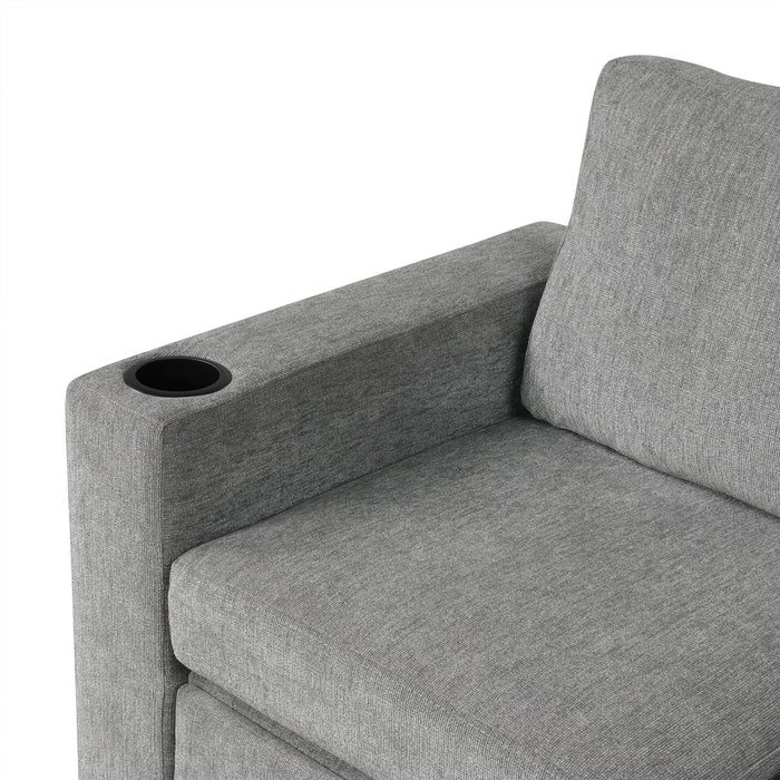 Modern 2 Seater Loveseat Sofa With Pull-Out Bed, Chenille Fabric, Built-In USB Ports & Cup Holders