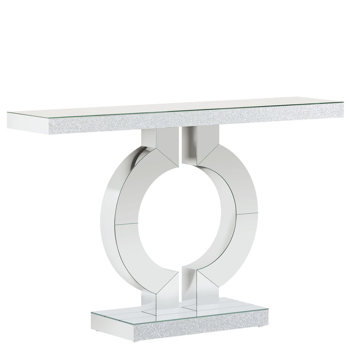 Mirrored Console Table With O-Shaped Base For Living Hallway - Silver / Clear