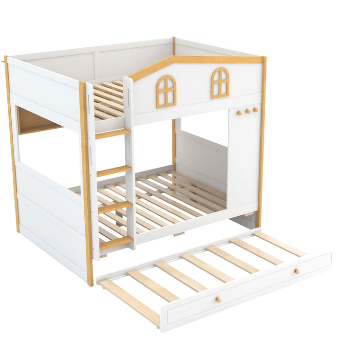 Full Over Full Bunk Bed With Storage Shelves And Trundle - White / Natural