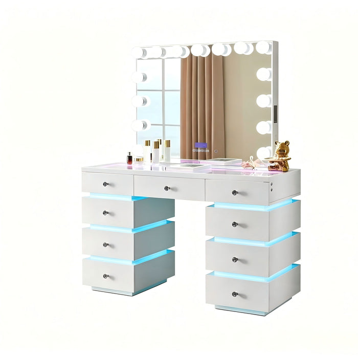 LED Lighted Makeup Vanity Desk With 15 Bulbs Mirror, RGB Light Drawers, 9 Drawers Dressing Table For Bedroom - Gloss White