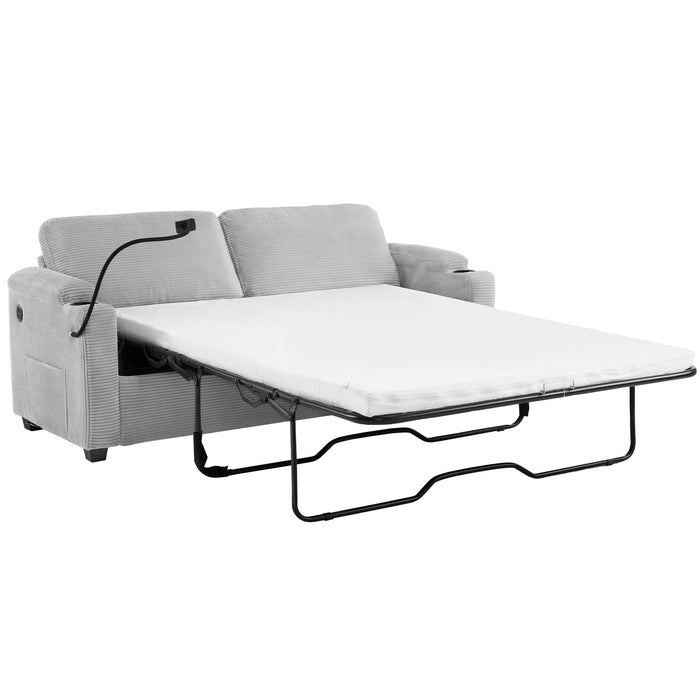 Corduroy Sleeper Sofa Loveseat Sofa With Full Size Mattress, 2 USB Ports, 2 Cup Holders, 2 Side Pockets And Phone Holder