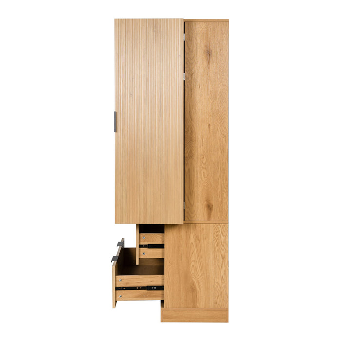 Fluted Kitchen Pantry Cabinet With 2 Large Drawers & 8 Door Spice Rack Freestanding Storage Organizer - Oak