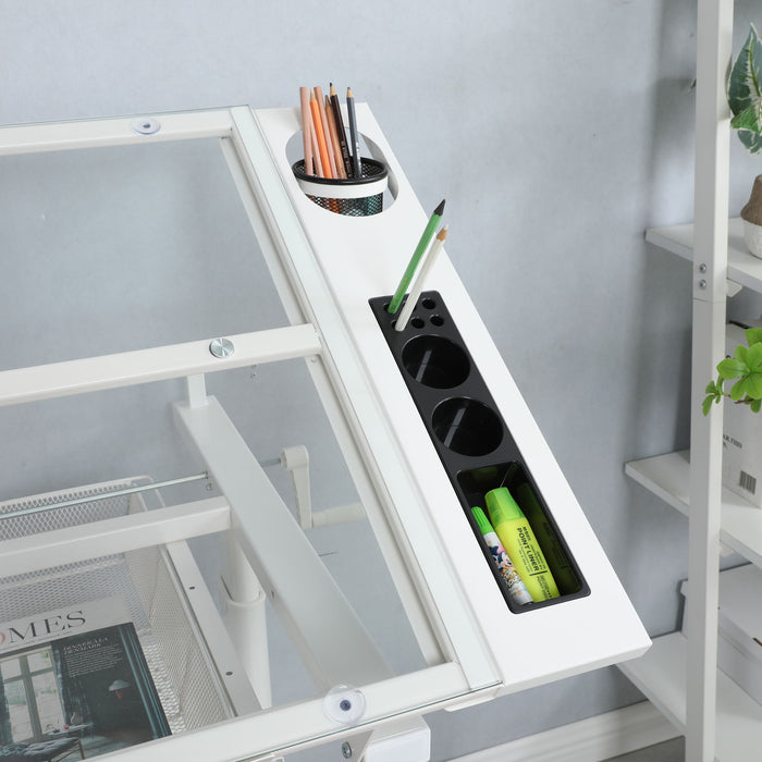 38.18" Hand Crank Adjustable Drafting Table Drawing Desk With 2 Metal Drawers With Stool