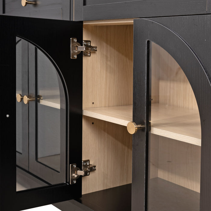 Sideboard Cabinet With 3 Drawers And 6 Arched Doors, Accent Storage Cabinet With Adjustable Shelves For Dining Room - Black