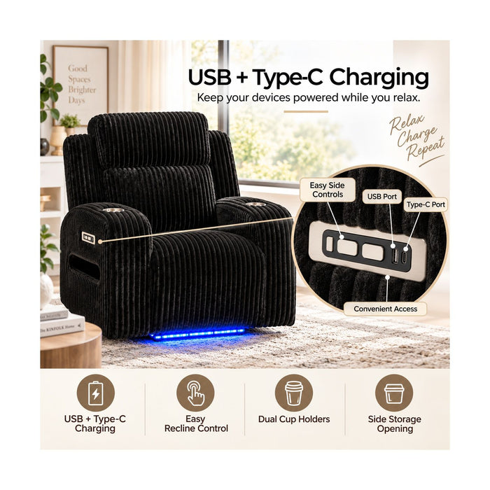 Power Recliner With Cup Holders And Ambient LED Lighting - Black