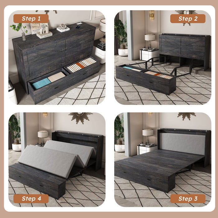 Murphy Bed With Storage Drawers And Charging Cabinet, Foldable Panels, Swivel Wheels