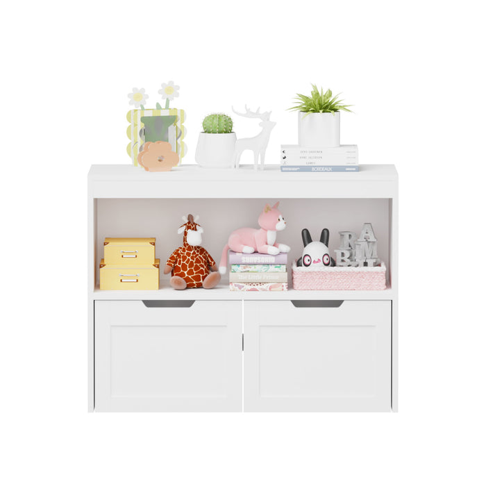 Book Organizer With Large Drawers And Open Shelves, Toy Storage Cabinet With Removable Wheels And Rounded Edges - White