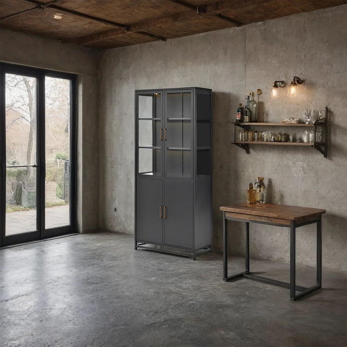 Modern Style Tall Steel Display Cabinet With Double Glass Doors, LED Lights