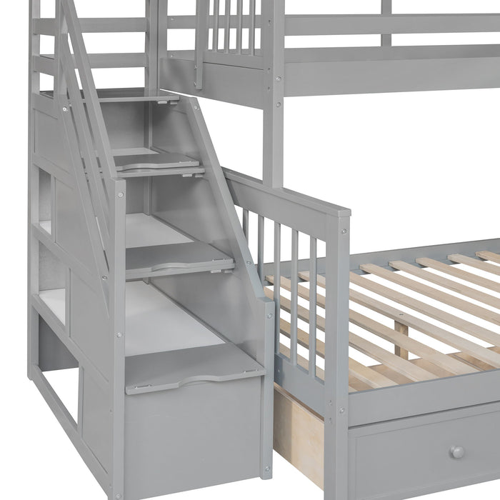 Solid L Shaped Bunk Bed With 3 Drawers, Ladder And Staircase