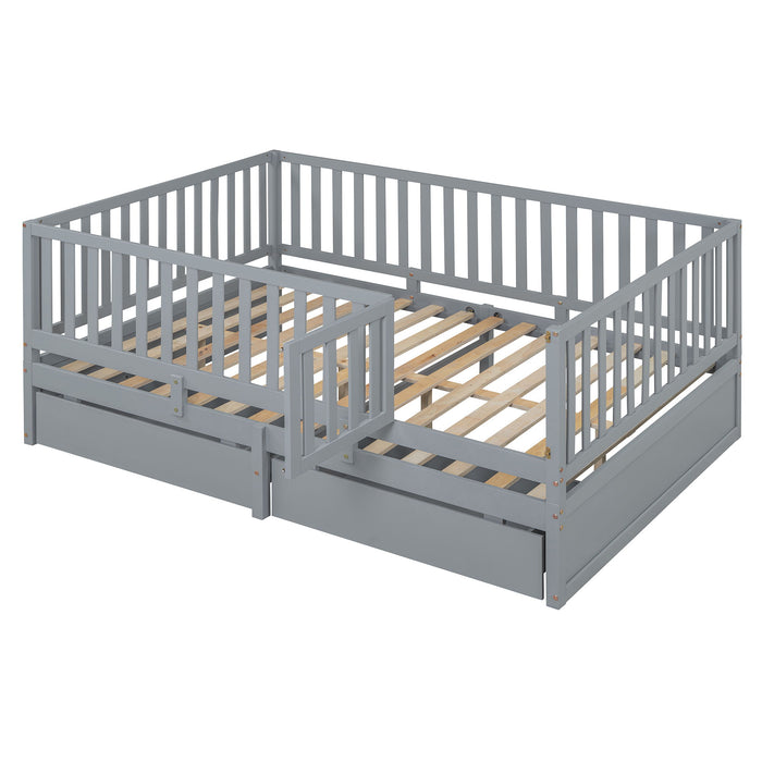 Daybed With Fence Guardrails And 2 Drawers, Split Into Independent Floor Bed & Daybed