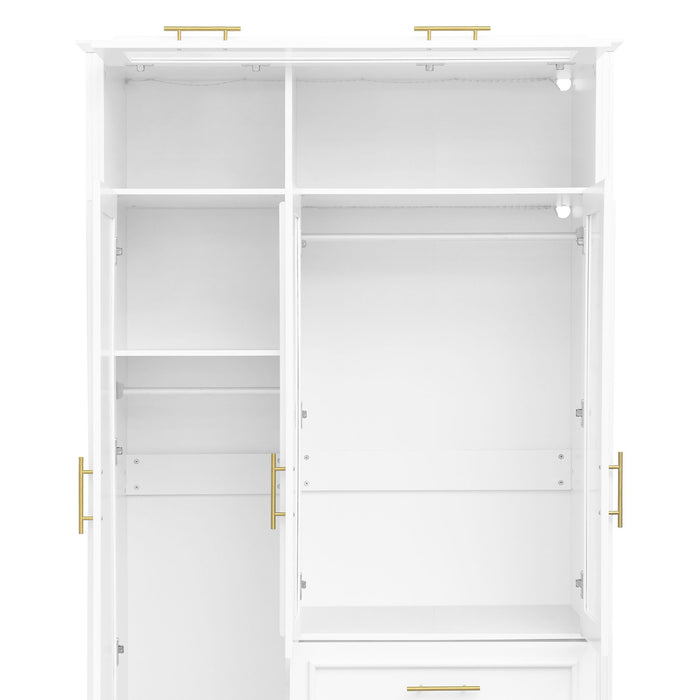 3 Door Wardrobe Armoire With LED Lighting And 3 Drawers - White