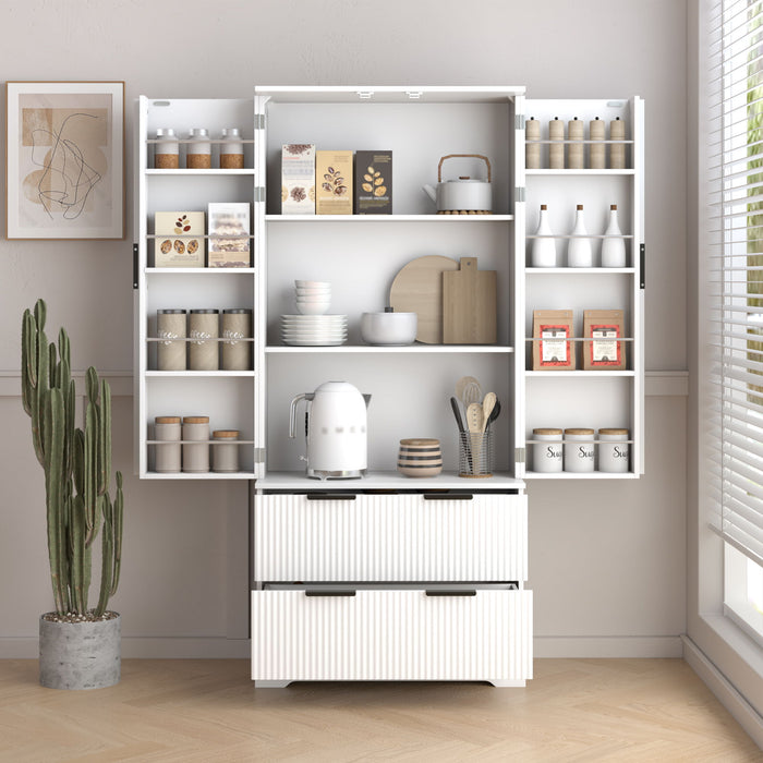Fluted Kitchen Pantry Cabinet With 2 Large Drawers & 8 Door Spice Rack