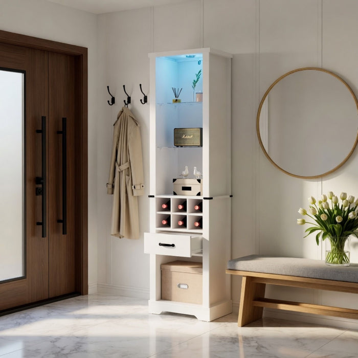 Pantry Cabinet With LED Lights, Wine Rack, Tempered Glass Shelves, And Barn Door Design - White