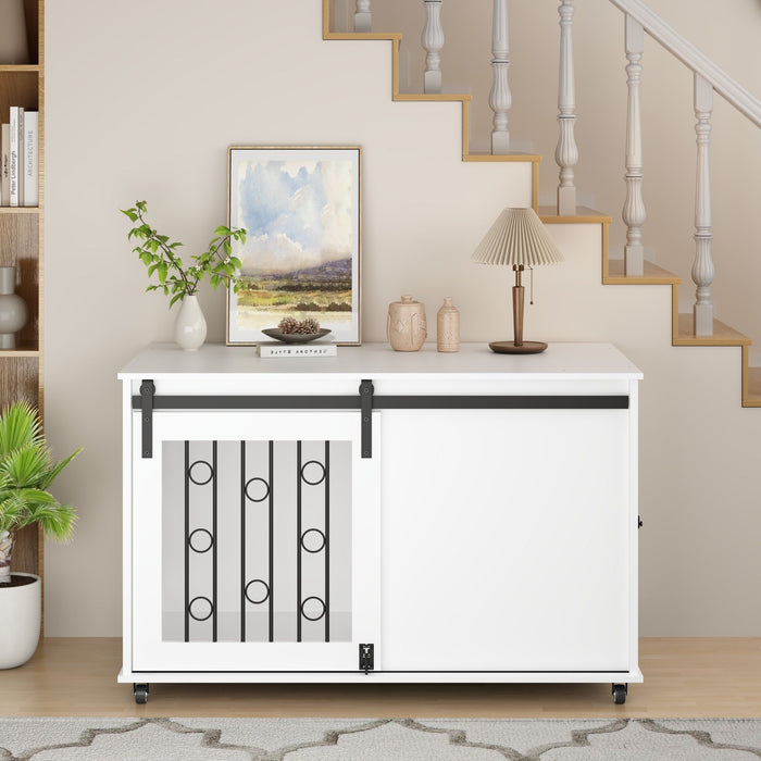 Dog Crate With Sliding Barn Door And Side Access, Lockable Wheels For Small To Medium Dogs - White