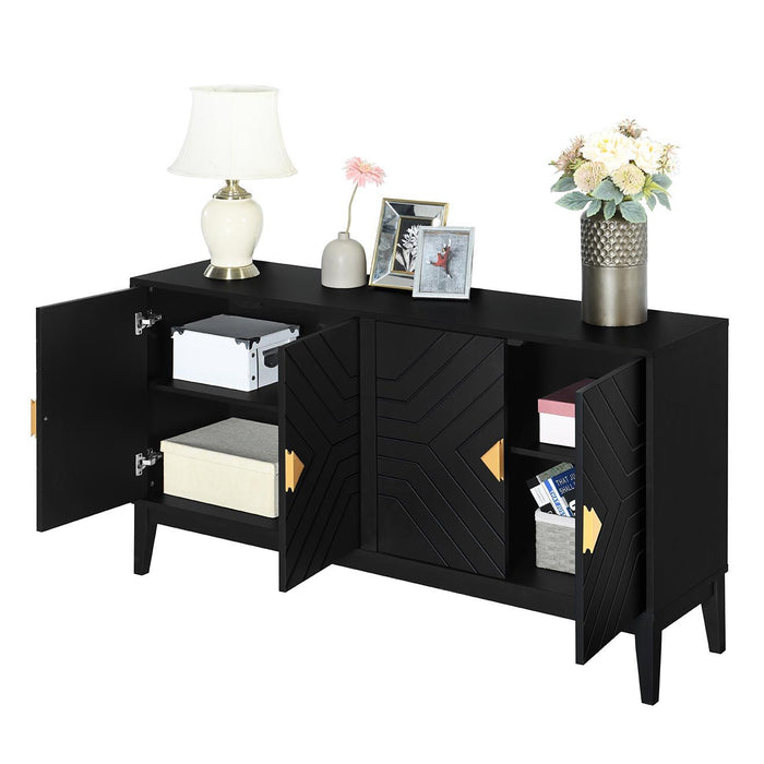 4 Door Sideboard Storage Cabinet For Living Room And Dining Room, 2 Large Cabinets With Gold Handles And Adjustable Shelf - Black
