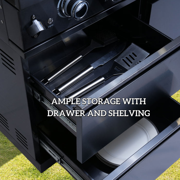 6 Burner 85, 000 Btu Outdoor Kitchen Island Grill With Wine Cooler Refrigerator, Rotisserie Kit, Granite Countertops & Sink - Black