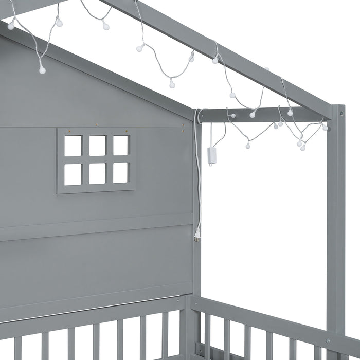 House Bed With Shelves, Window And Sparkling Light Strip On The Roof