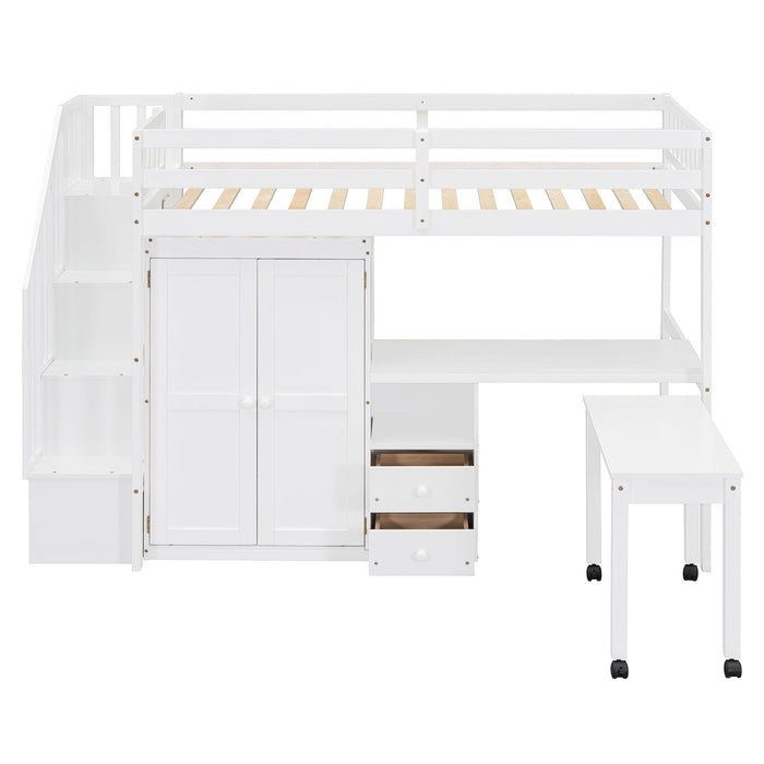 Loft Bed With Stairs, Bookshelf, Drawers, Desk & Wardrobe, Space Saving Multifunctional Furniture
