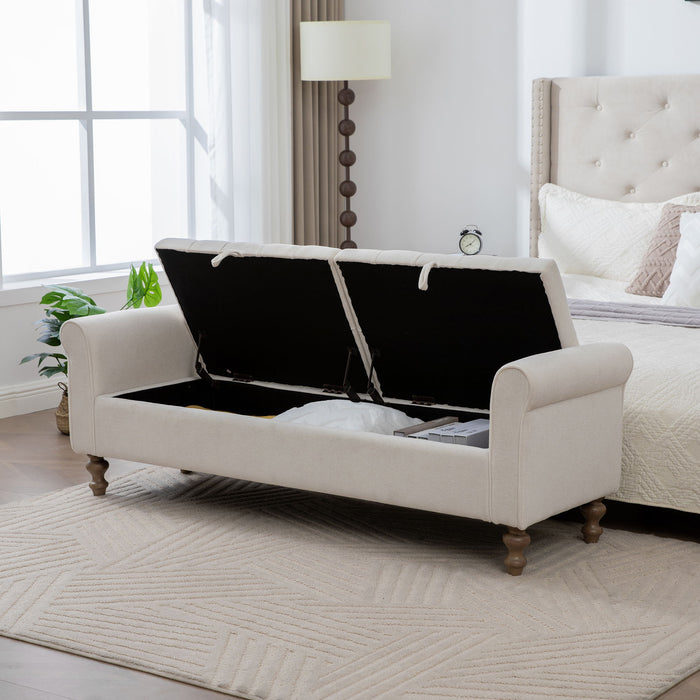 Modern Upholstered Storage Bench With Rolled Armrests]