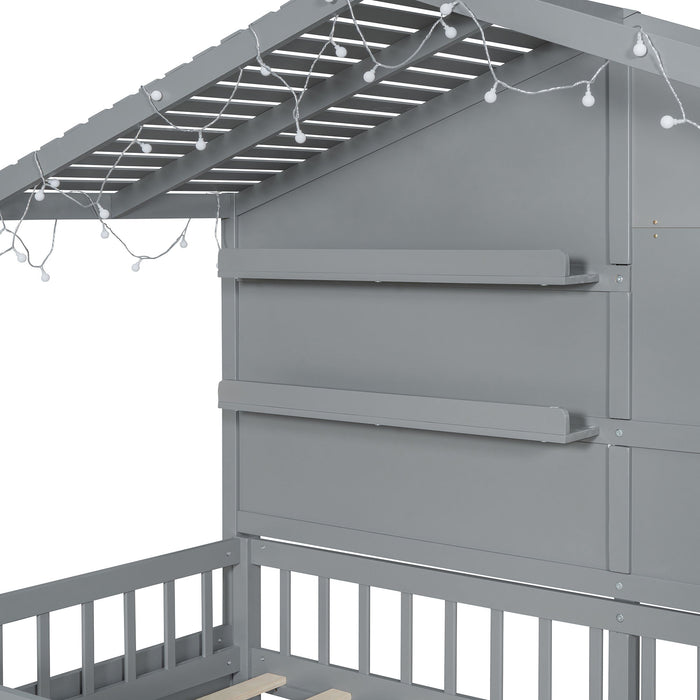 House Bed With Shelves, Window And Sparkling Light Strip On The Roof