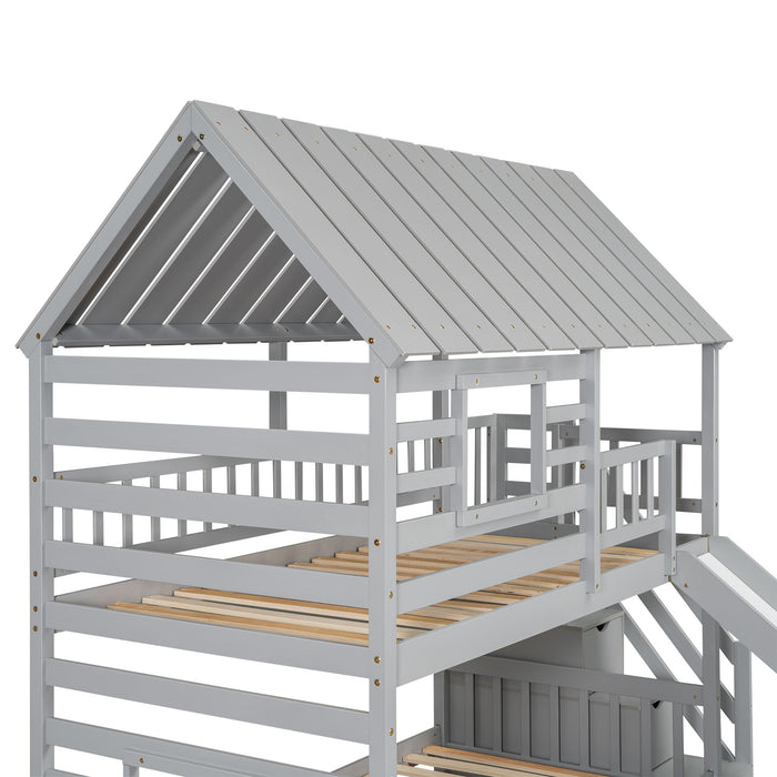 House Bunk Bed With Trundle, Storage Staircase, Roof And Window Design