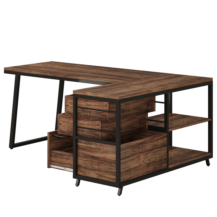L-Shaped Computer Desk With 3 Drawers And Storage Shelves, Reversible Corner Workstation For Small Rooms - Brown / Black