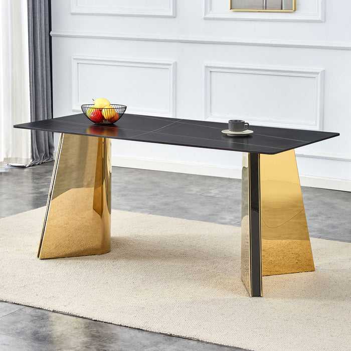 Patterned Slab Dining Table With Golden Stainless Steel Butterfly Legs - Black / Gold