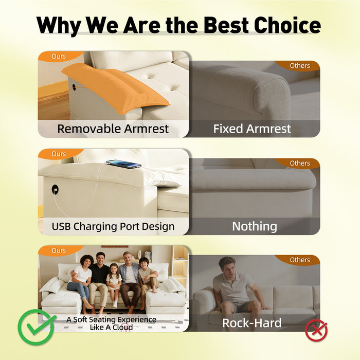 U-Shaped Sleeper Sofa With Pull Out Bed, Removable Armrests & USB Ports For Living Room