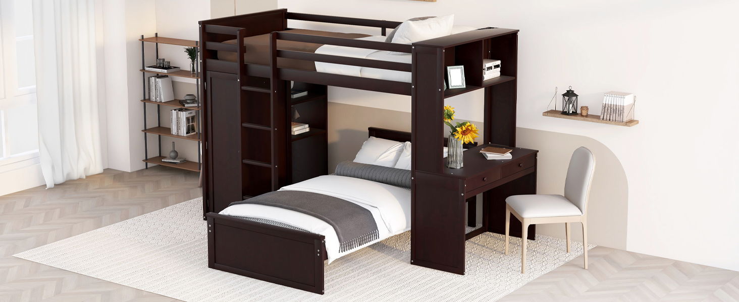 Loft Bed With A Stand Alone Bed, Shelves, Desk, And Wardrobe