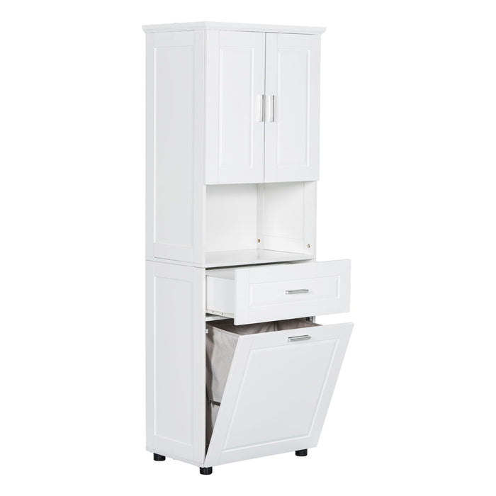 Tall Bathroom Cabinet With Tilt-Out Laundry Basket And Upper Storage