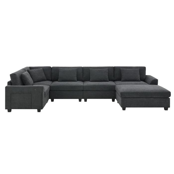 U Shaped Sectional Sofa 6 Seat Couch Set With Oversized Ottoman, Hidden Armrest Storage And Cup Holders USB Charging Ports Wide Seat Sofa