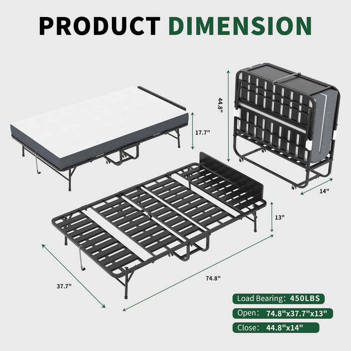Twin Folding Bed With Adjustable Headboard, Memory Foam For Tall People, Heavy-Duty Portable On Wheels, Easy Assembly - Black