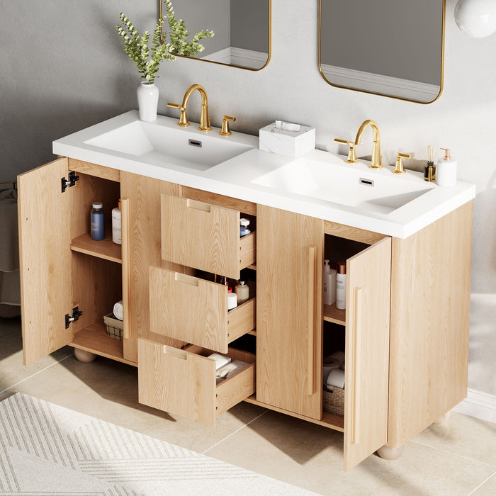 Double Sink Bathroom Vanity With Sinks, Soft Close Doors & 3 Drawers - Wood