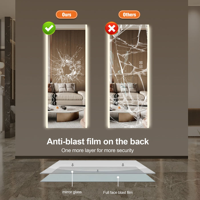 Frameless Full Length LED Mirror With 3 Color Changing Light And Explosion Proof Glass - Silver