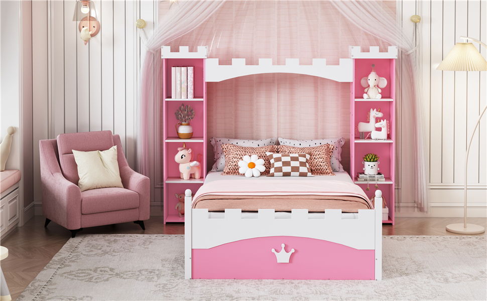 Castle Shaped Bed With Storage Shelf, Dreamy Platform Bed For Kids Bedroom
