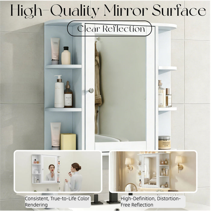 Bathroom Wall Storage Cabinet With Mirror And Adjustable Shelf, 6 Open Shelves