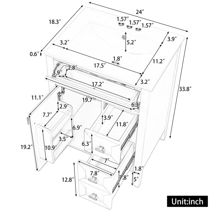 Bathroom Vanity With Sink, 3 Drawers & Cabinet With 2 Tier Door Storage Rack, Soft Close Doors & Drawers