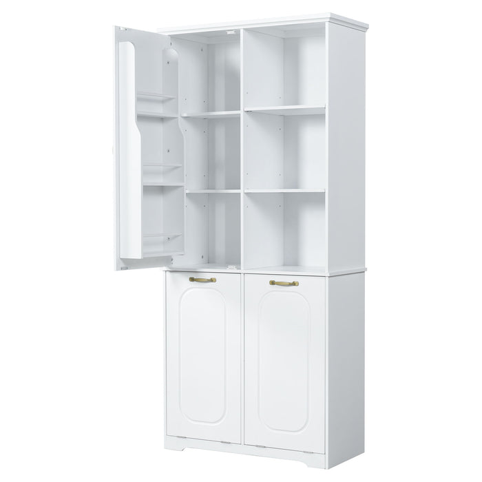 Freestanding Tall Storage Cabinet With 2 Tilt Out Hampers