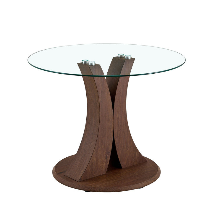 2 In 1 Round Glass Dining Table With Adjustable Curved Base, - Transparent / Walnut
