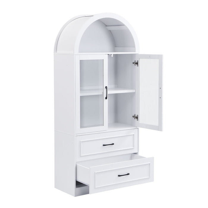 Arched Top Storage Cabinet With Fixed 2 Tier Shelves, 2 Large Drawers