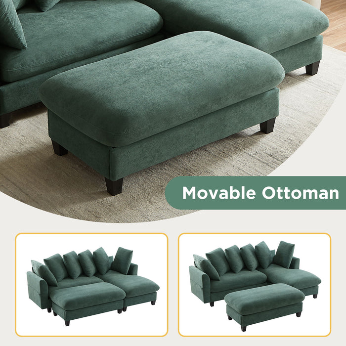 Upholstered L Shaped Sectional Sofa With Storage, Movable Ottoman, And 6 Throw Pillows